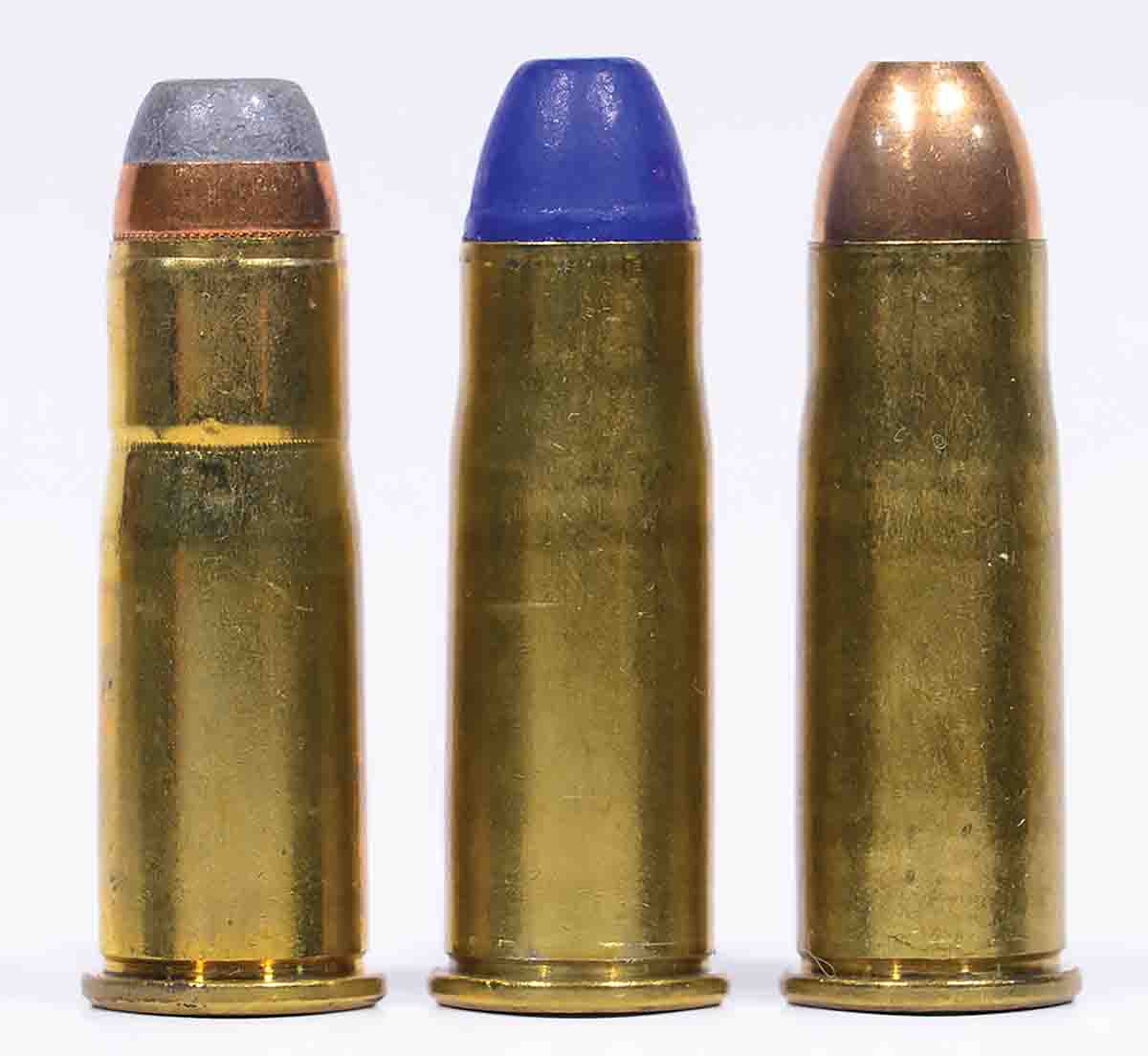 Factory loads versus handloads (left to right): a factory Winchester with a 180-grain jacketed hollowpoint, a handload with a 165-grain Blue Bullet and a 180-grain Northern Precision.